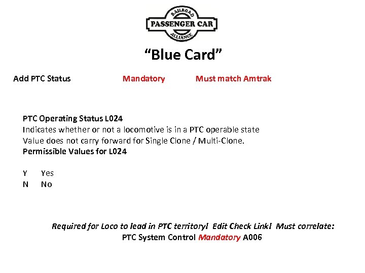 Add PTC Status “Blue Card” Mandatory Must match Amtrak PTC Operating Status L 024