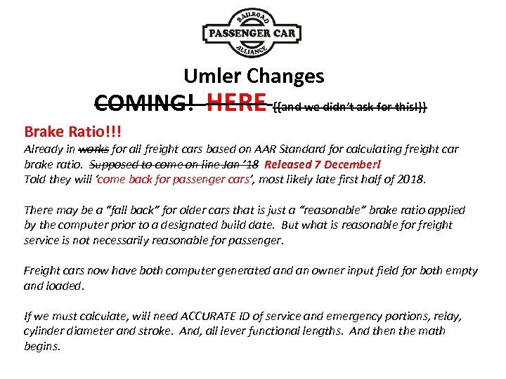 Umler Changes COMING! HERE {{and we didn’t ask for this!}} Brake Ratio!!! Already in