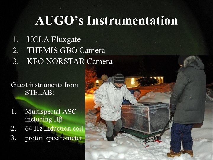 AUGO’s Instrumentation 1. UCLA Fluxgate 2. THEMIS GBO Camera 3. KEO NORSTAR Camera Guest