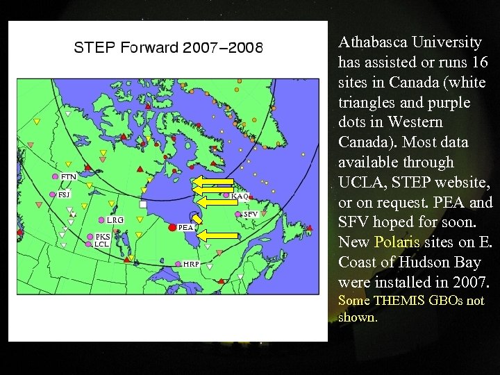 Athabasca University has assisted or runs 16 sites in Canada (white triangles and purple