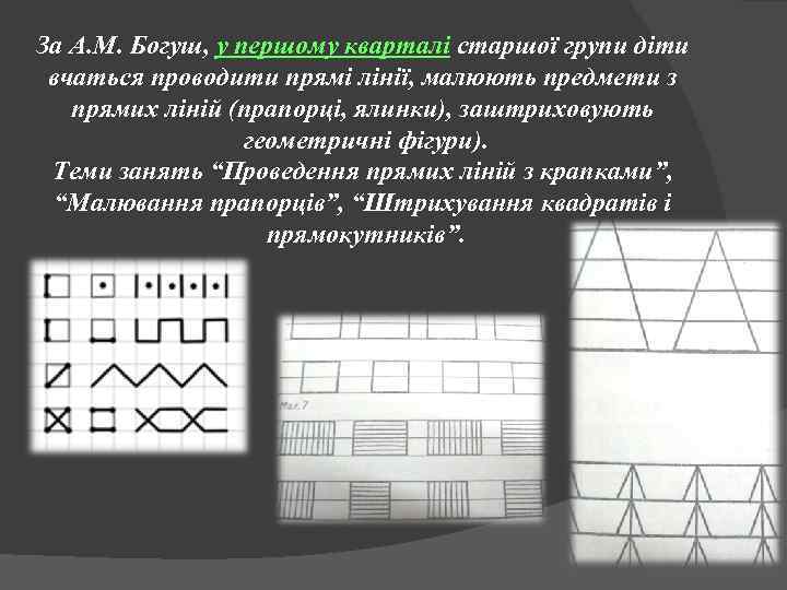 За А. М. Богуш, у першому кварталі старшої групи діти вчаться проводити прямі лінії,