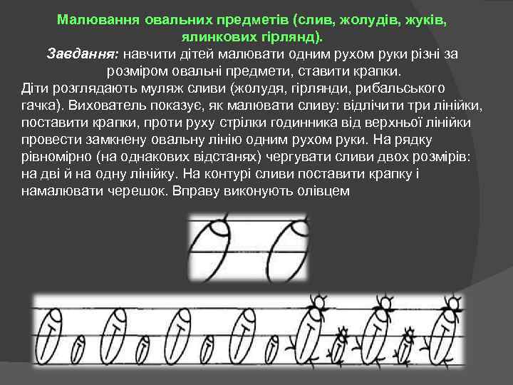 Малювання овальних предметів (слив, жолудів, жуків, ялинкових гірлянд). Завдання: навчити дітей малювати одним рухом