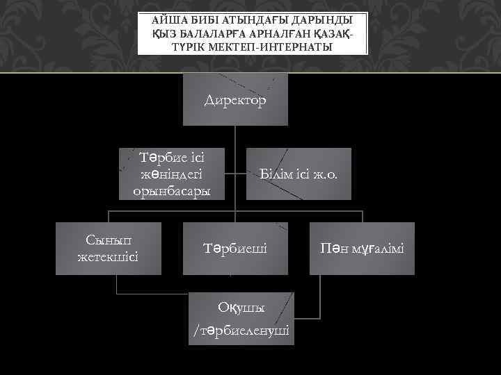 АЙША БИБІ АТЫНДАҒЫ ДАРЫНДЫ ҚЫЗ БАЛАЛАРҒА АРНАЛҒАН ҚАЗАҚТҮРІК МЕКТЕП-ИНТЕРНАТЫ Директор Тәрбие ісі жөніндегі орынбасары