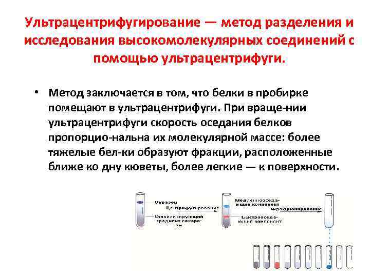 Ультрацентрифугирование — метод разделения и исследования высокомолекулярных соединений с помощью ультрацентрифуги. • Метод заключается