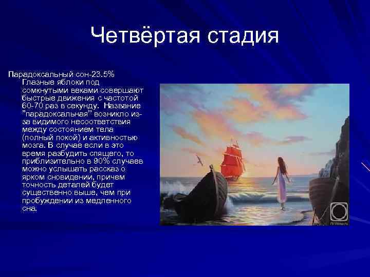 Четвёртая стадия Парадоксальный сон-23. 5% Глазные яблоки под сомкнутыми веками совершают быстрые движения с