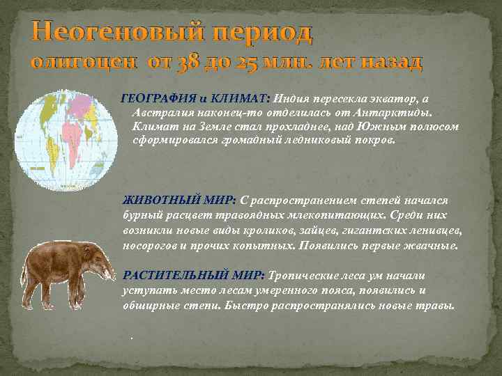 Неогеновый период олигоцен от 38 до 25 млн. лет назад ГЕОГРАФИЯ и КЛИМАТ: Индия