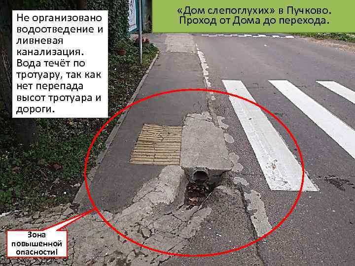 Не организовано водоотведение и ливневая канализация. Вода течёт по тротуару, так как нет перепада