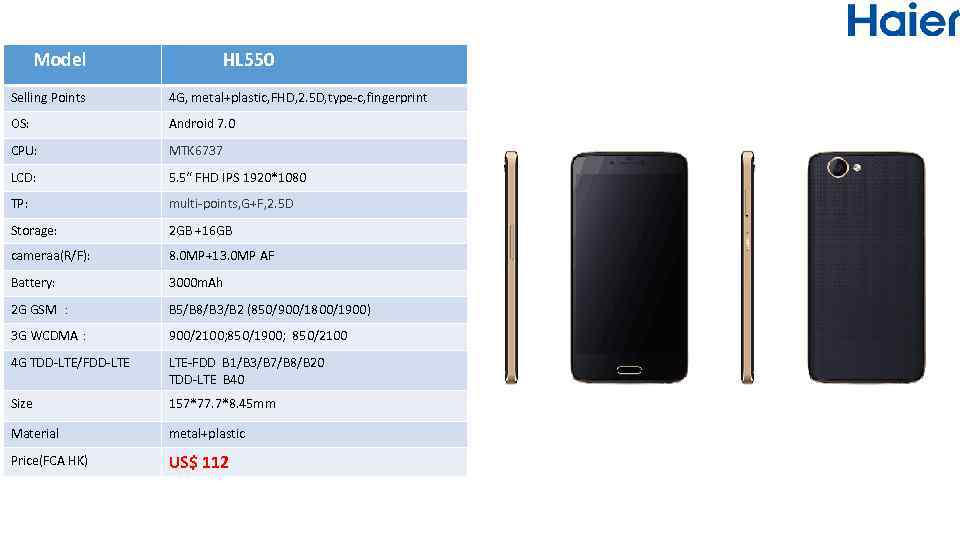 Model HL 550 Selling Points 4 G, metal+plastic, FHD, 2. 5 D, type-c, fingerprint