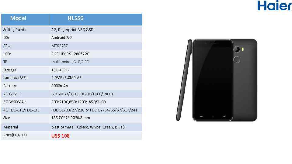 Model HL 556 Selling Points 4 G, fingerprint, NFC, 2. 5 D OS: Android