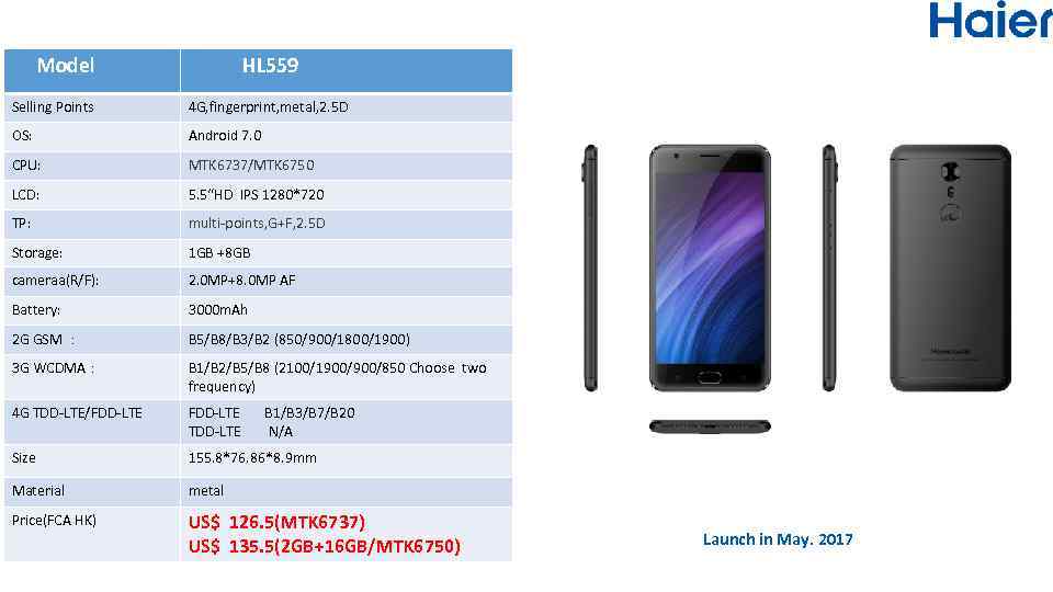 Model HL 559 Selling Points 4 G, fingerprint, metal, 2. 5 D OS: Android