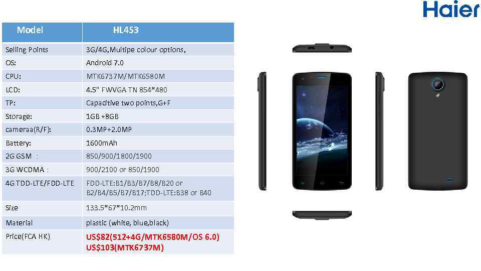 Model HL 453 Selling Points 3 G/4 G, Multipe colour options, OS: Android 7.