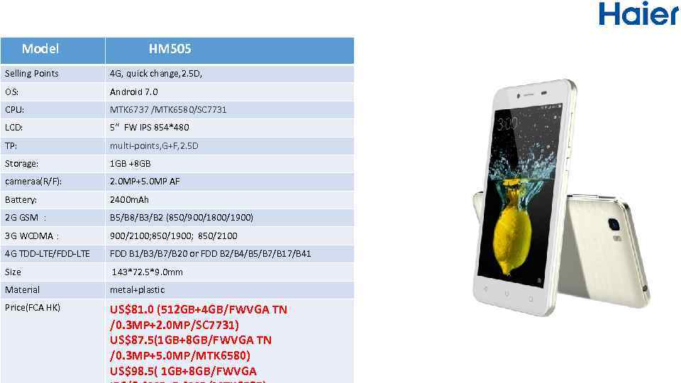 Model HM 505 Selling Points 4 G, quick change, 2. 5 D, OS: Android