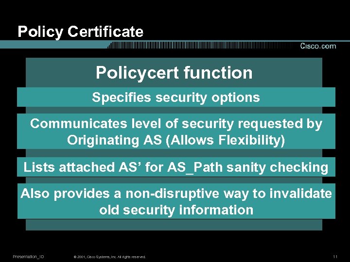 Policy Certificate Policycert function Specifies security options Communicates level of security requested by Originating