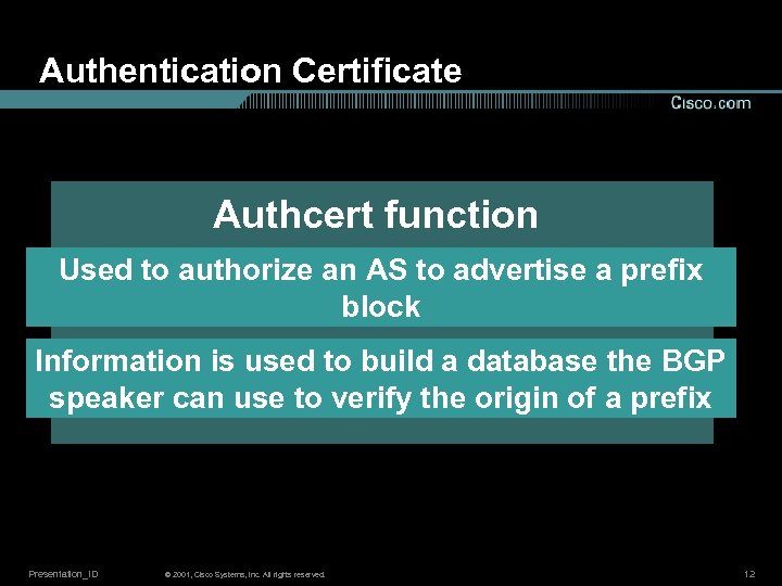 Authentication Certificate Authcert function Used to authorize an AS to advertise a prefix block