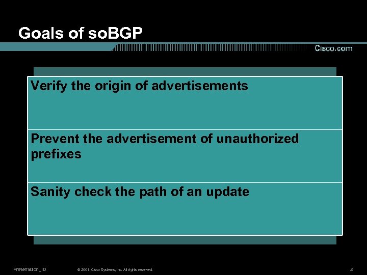 Goals of so. BGP Verify the origin of advertisements Prevent the advertisement of unauthorized
