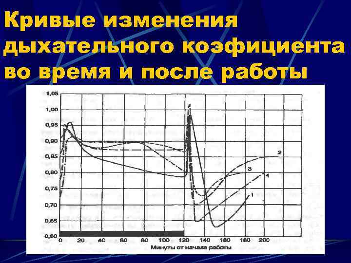 Кривые изменения дыхательного коэфициента во время и после работы 