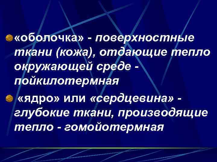  «оболочка» - поверхностные ткани (кожа), отдающие тепло окружающей среде пойкилотермная «ядро» или «сердцевина»