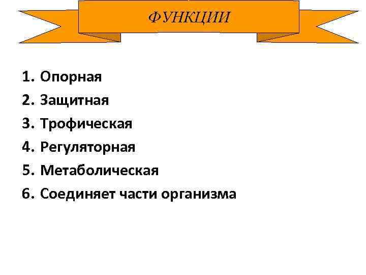 ФУНКЦИИ 1. 2. 3. 4. 5. 6. Опорная Защитная Трофическая Регуляторная Метаболическая Соединяет части