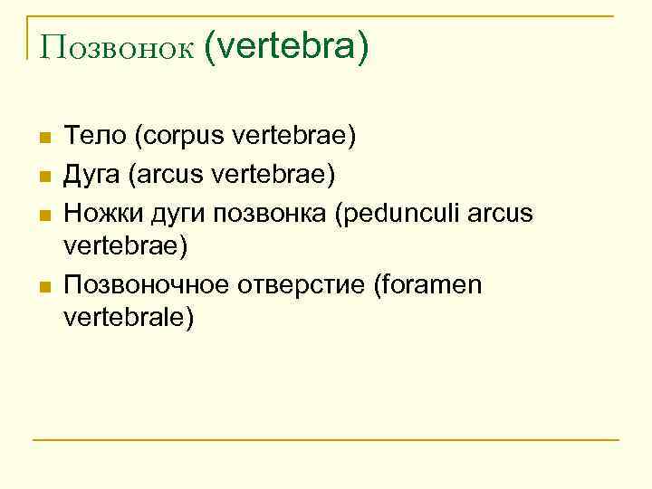 Позвонок (vertebra) n n Тело (corpus vertebrae) Дуга (arcus vertebrae) Ножки дуги позвонка (pedunculi