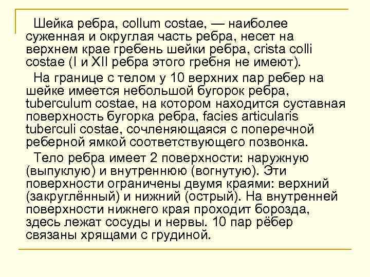 Шейка ребра, collum costae, — наиболее суженная и округлая часть ребра, несет на верхнем