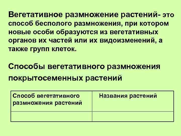Вегетативное размножение растений- это способ бесполого размножения, при котором новые особи образуются из вегетативных
