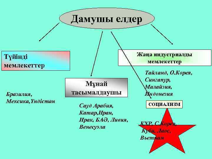 Дамушы елдер Жаңа индустриалды мемлекеттер Түйінді мемлекеттер Бразилия, Мексика, Үндістан Мұнай тасымалдаушы Сауд Арабия,