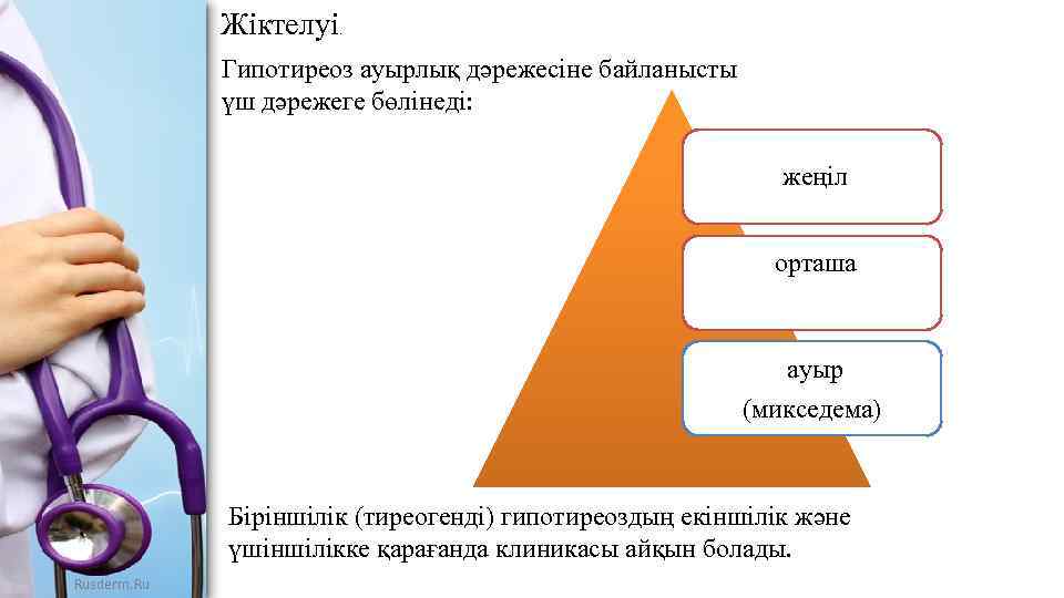 Жіктелуі. Гипотиреоз ауырлық дәрежесіне байланысты үш дәрежеге бөлінеді: жеңіл орташа ауыр (микседема) Біріншілік (тиреогенді)