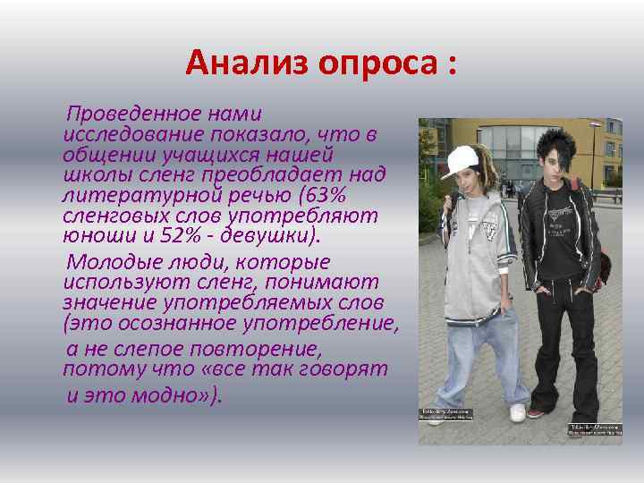 Анализ опроса : Проведенное нами исследование показало, что в общении учащихся нашей школы сленг