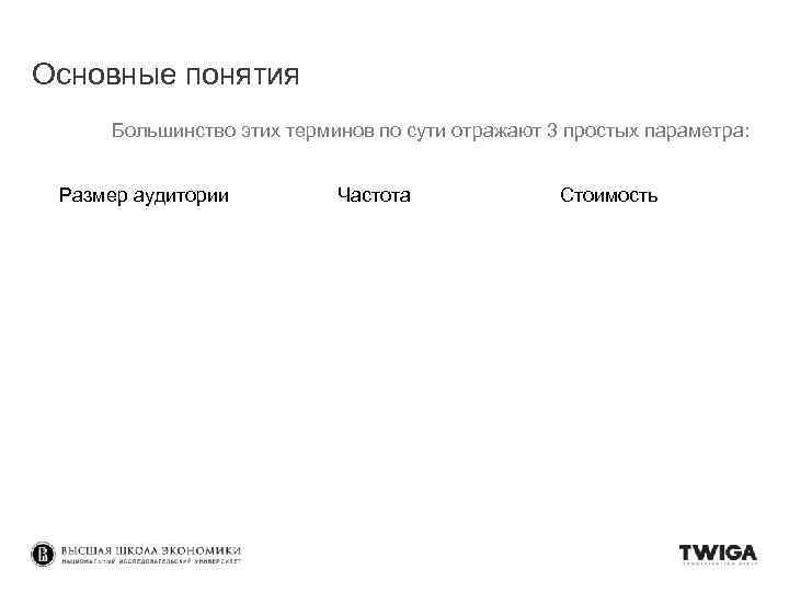 Основные понятия Большинство этих терминов по сути отражают 3 простых параметра: Размер аудитории Частота