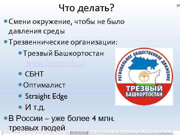Что делать? Смени окружение, чтобы не было давления среды Трезвеннические организации: Трезвый Башкортостан www.