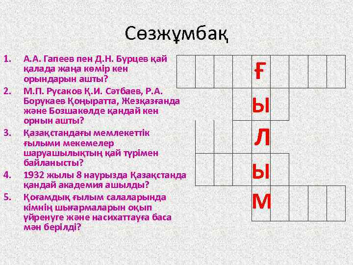 Сөзжұмбақ 1. 2. 3. 4. 5. А. А. Гапеев пен Д. Н. Бурцев қай