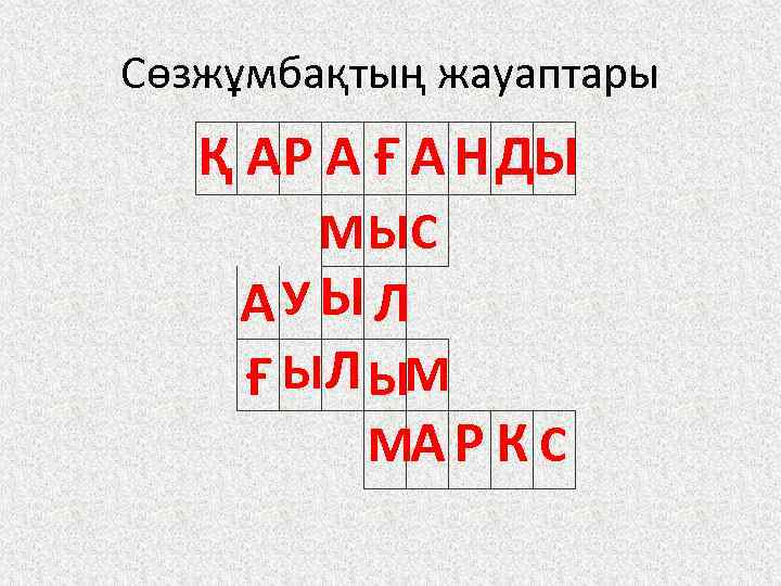 Сөзжұмбақтың жауаптары Қ АР А Ғ А НДЫ М ЫС АУЫЛ Ғ ЫЛ ЫМ