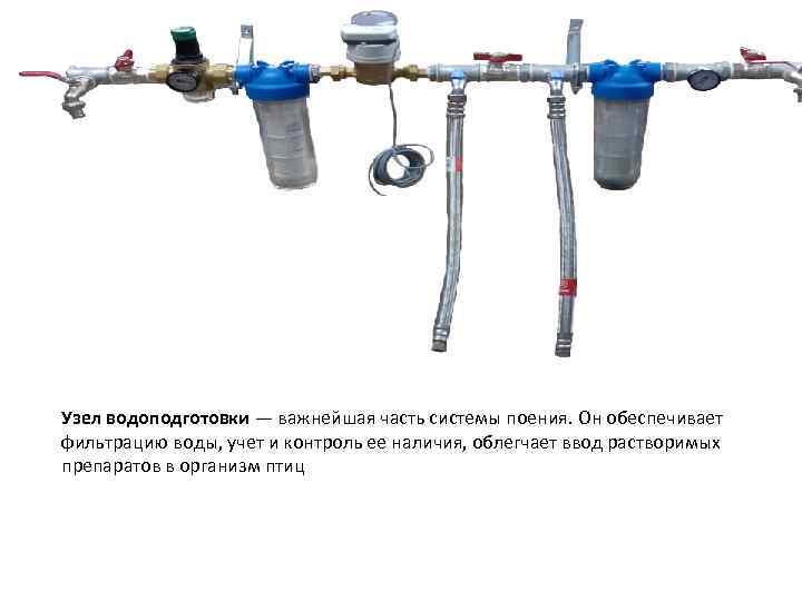 Узел водоподготовки — важнейшая часть системы поения. Он обеспечивает фильтрацию воды, учет и контроль