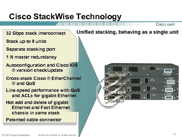 Cisco Stack. Wise Technology 32 Gbps stack interconnect Unified stacking, behaving as a single