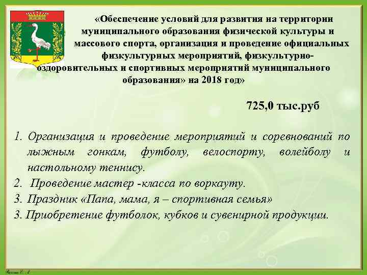  «Обеспечение условий для развития на территории муниципального образования физической культуры и массового спорта,