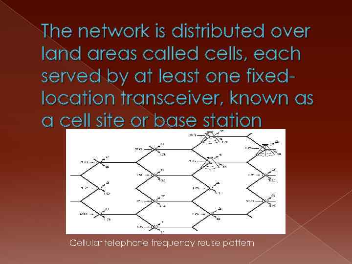 The network is distributed over land areas called cells, each served by at least