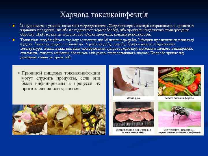 Харчова токсикоінфекція n n Її збудниками є умовно-патогенні мікроорганізми. Хвороботворні бактерії потрапляють в організм
