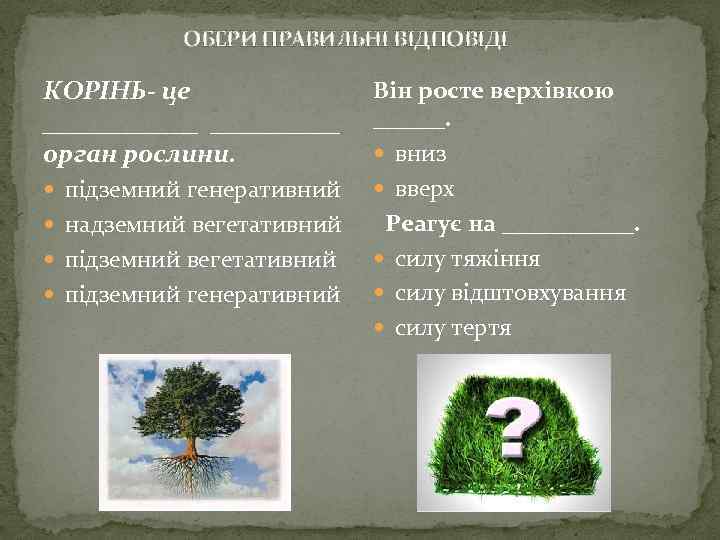  ОБЕРИ ПРАВИЛЬНІ ВІДПОВІДІ КОРІНЬ- це ______ орган рослини. підземний генеративний надземний вегетативний підземний