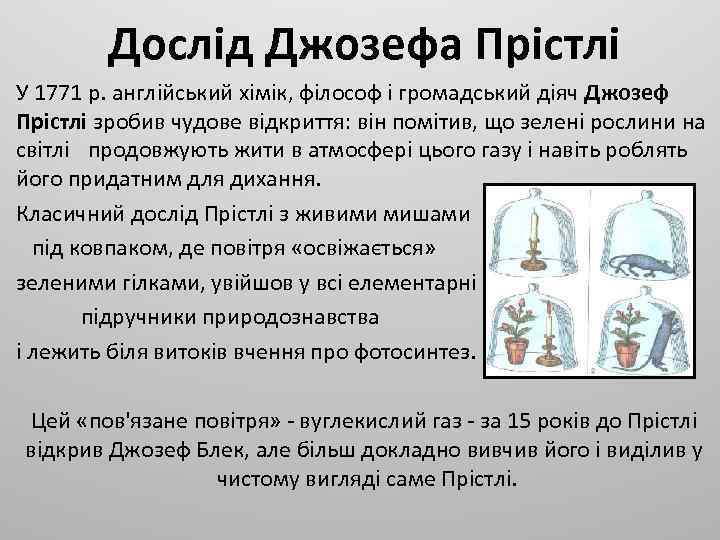 Дослід Джозефа Прістлі У 1771 р. англійський хімік, філософ і громадський діяч Джозеф Прістлі