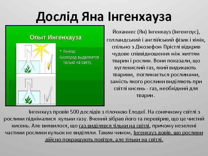 Дослід Яна Інгенхауза Йоханнес (Ян) Інгенхауз (Інгенгоус), голландський і англійський фізик і хімік, спільно