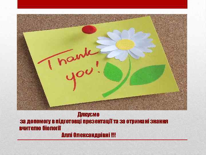 Дякуємо за допомогу в підготовці презентації та за отримані знання вчителю біології Аллі Олександрівні