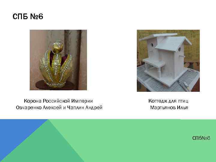 СПБ № 6 Корона Российской Империи Овчаренко Алексей и Чаплин Андрей Коттедж для птиц