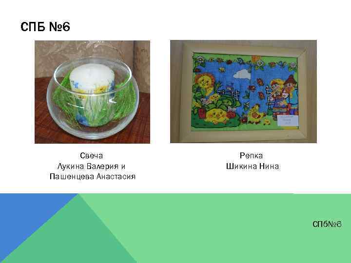 СПБ № 6 Свеча Лукина Валерия и Пашенцева Анастасия Репка Шикина Нина СПб№ 6