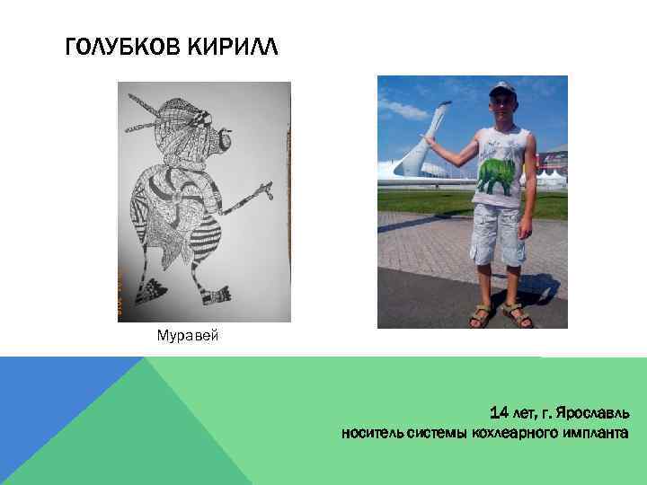 ГОЛУБКОВ КИРИЛЛ Муравей 14 лет, г. Ярославль носитель системы кохлеарного импланта 