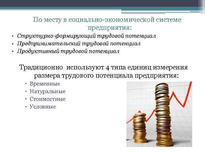 По месту в социально-экономической системе предприятия: • Структурно-формирующий трудовой потенциал • Предпринимательский трудовой потенциал