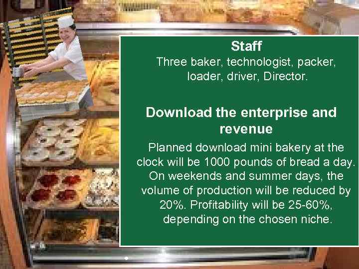 Staff Three baker, technologist, packer, loader, driver, Director. Download the enterprise and revenue Planned