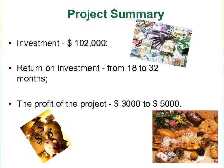 Project Summary • Investment - $ 102, 000; • Return on investment - from