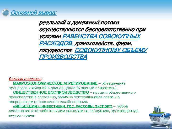 Основной вывод: реальный и денежный потоки осуществляются беспрепятственно при условии РАВЕНСТВА СОВОКУПНЫХ РАСХОДОВ домохозяйств,