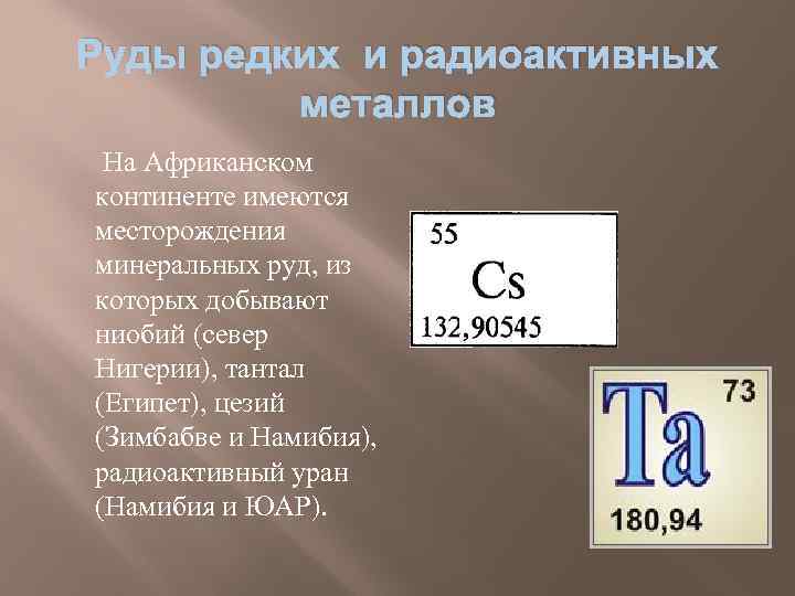 Руды редких и радиоактивных металлов На Африканском континенте имеются месторождения минеральных руд, из которых