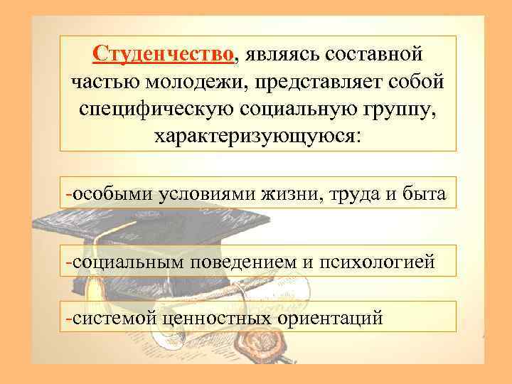 Студенчество, являясь составной частью молодежи, представляет собой специфическую социальную группу, характеризующуюся: -особыми условиями жизни,